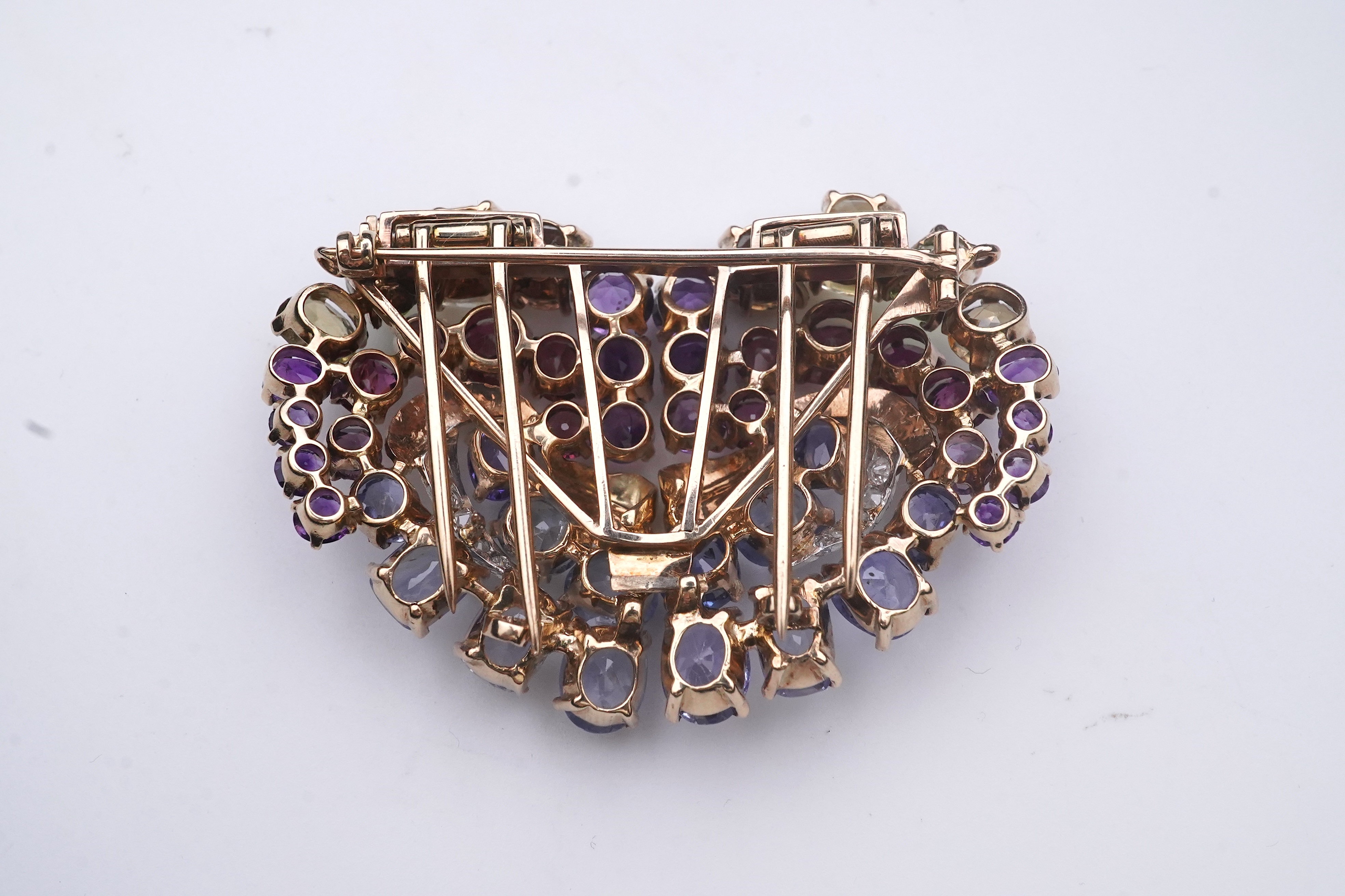 A Retro sapphire and multi-gem double clip brooch, circa 1940